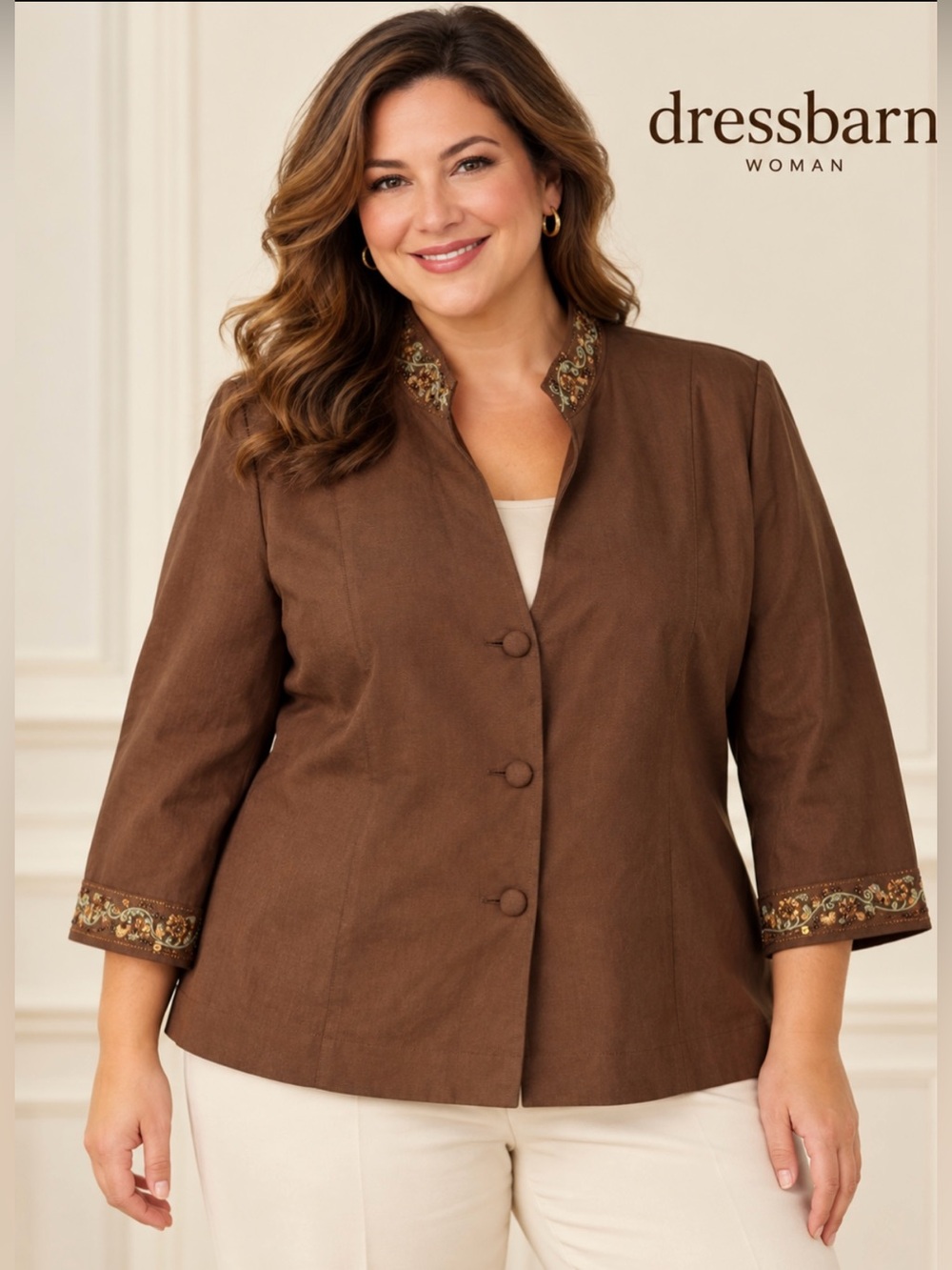 dressbarn Women’s Brown Embroidered Trim Mandarin Collar Blazer Size 20W